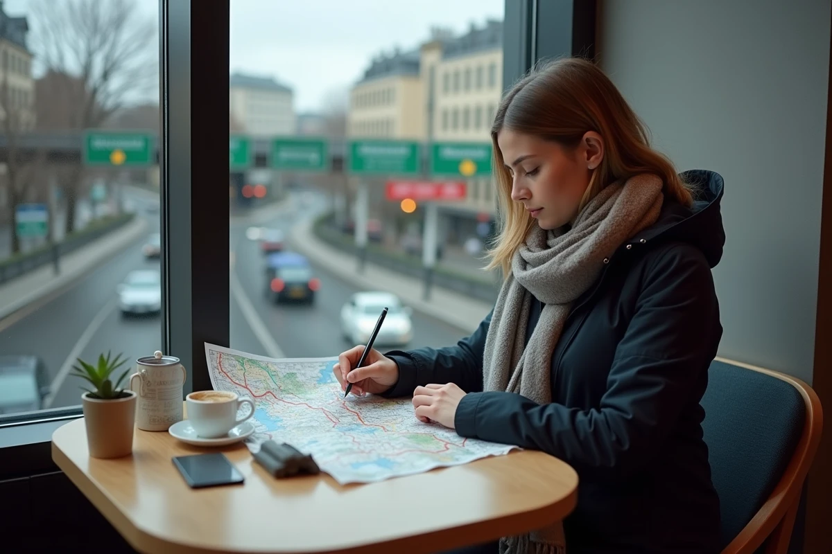 Jeune femme tracant un itinéraire dans un café urbain