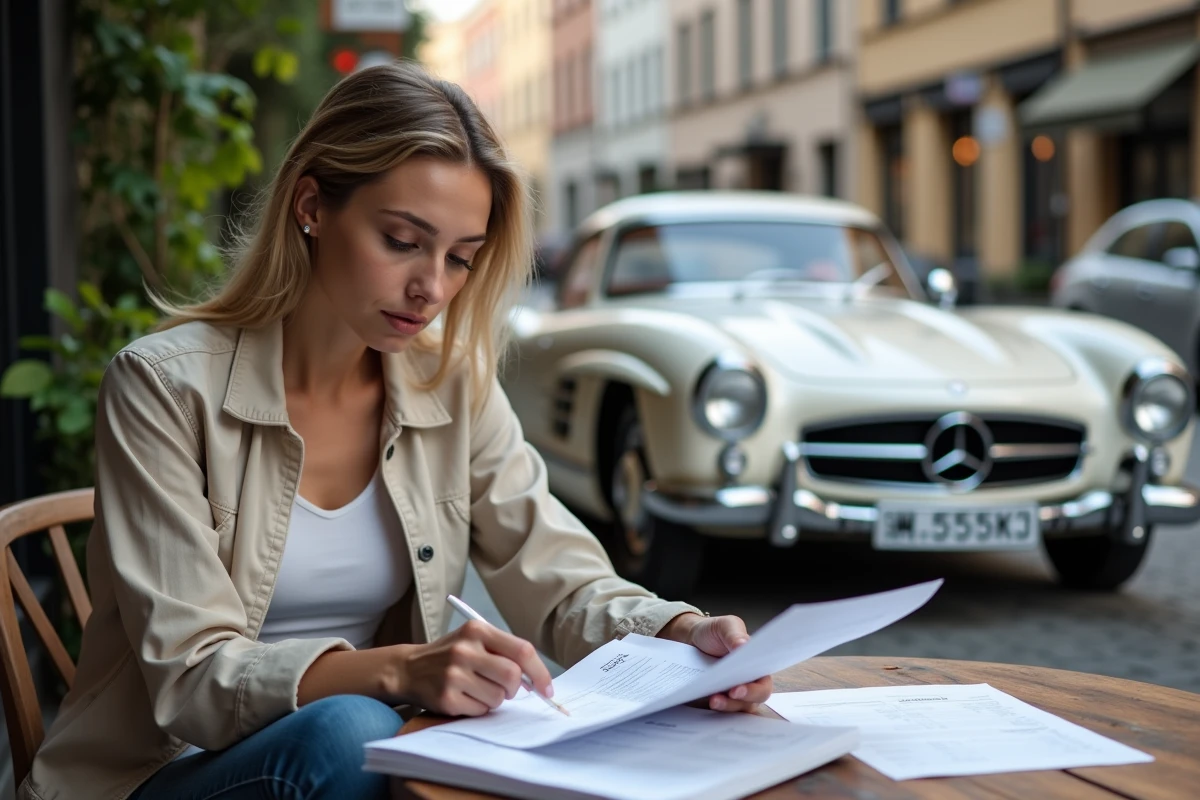 Jeune femme regardant des papiers avec une Mercedes 300 SL en arrière-plan