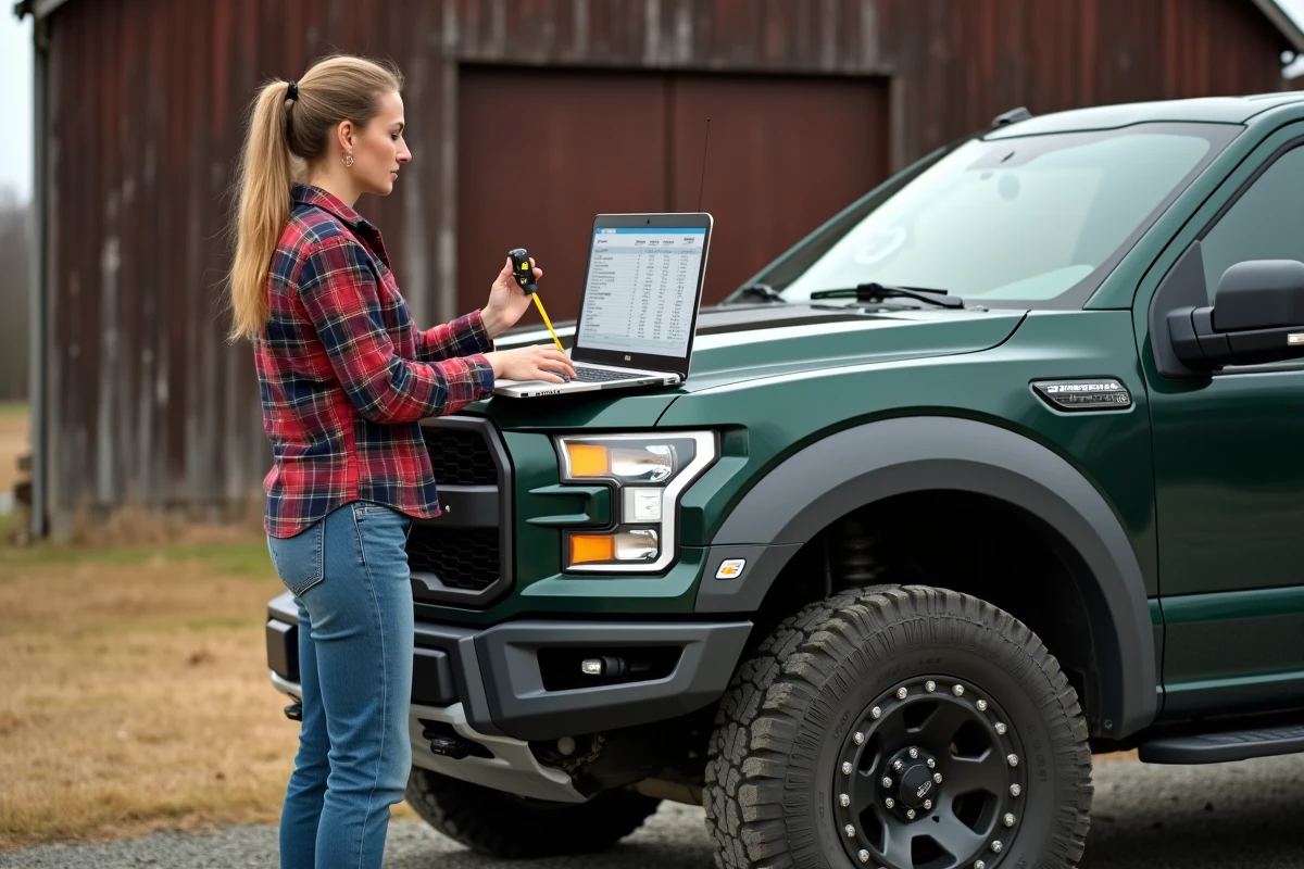 Femme consultant un guide de calcul de taille de pneu sur ordinateur portable posé sur un 4x4
