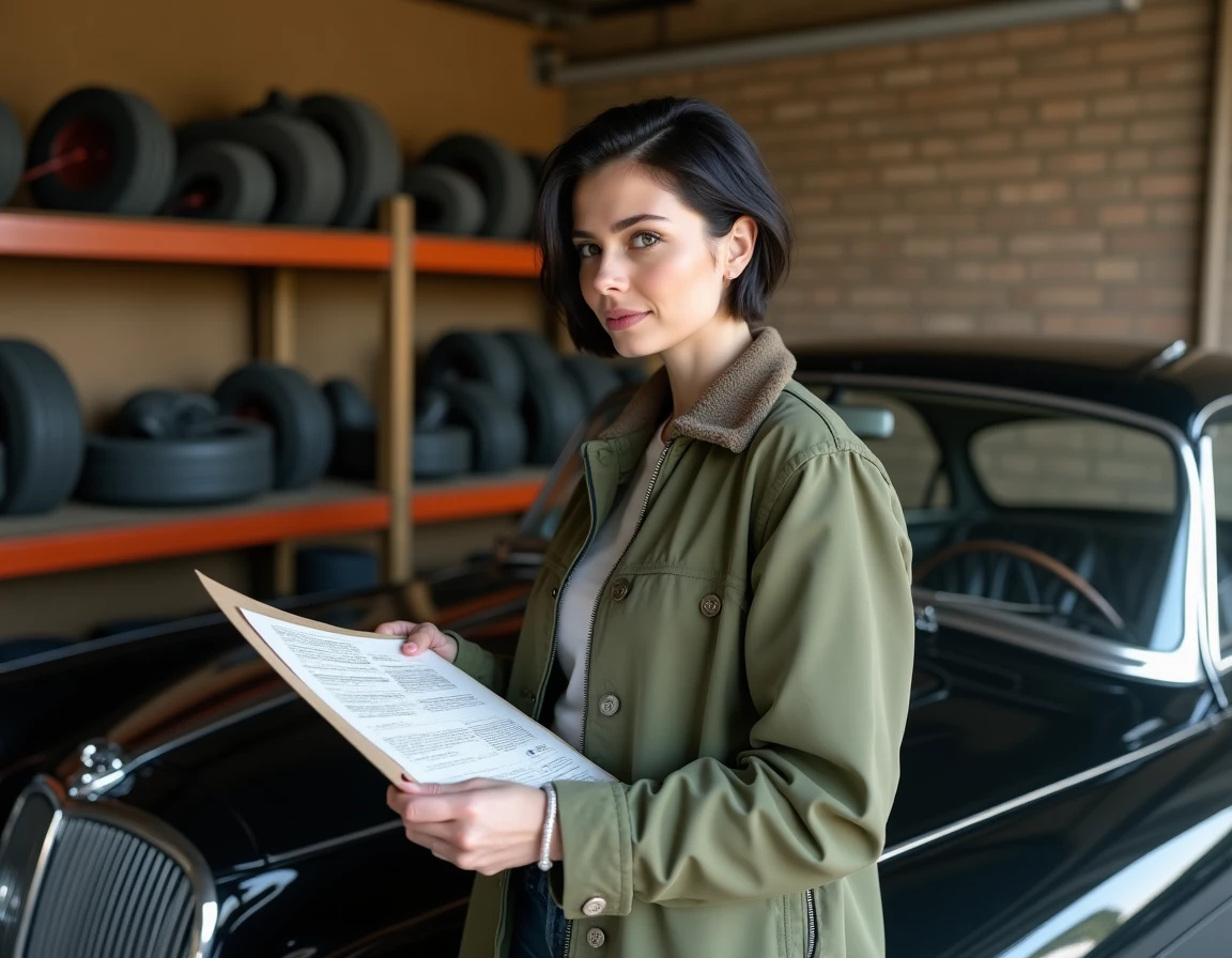 Femme tenant un certificat d'immatriculation devant une voiture de collection avec plaque noire dans un garage privé