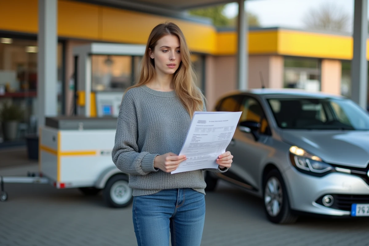 Femme consultant le certificat d'immatriculation de sa Renault Clio attelée pour comprendre le PTRA et le PTAC