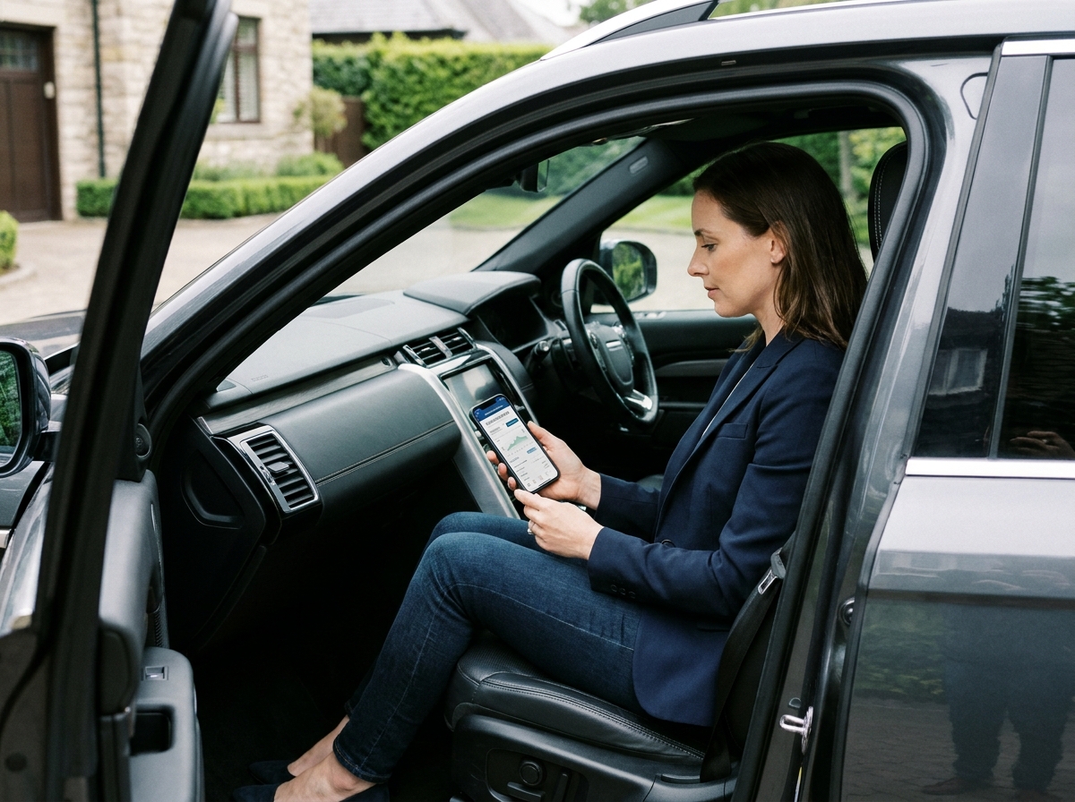 Femme consultant une application d'assurance SUV de luxe depuis le siège conducteur dans une allée résidentielle haut de gamme