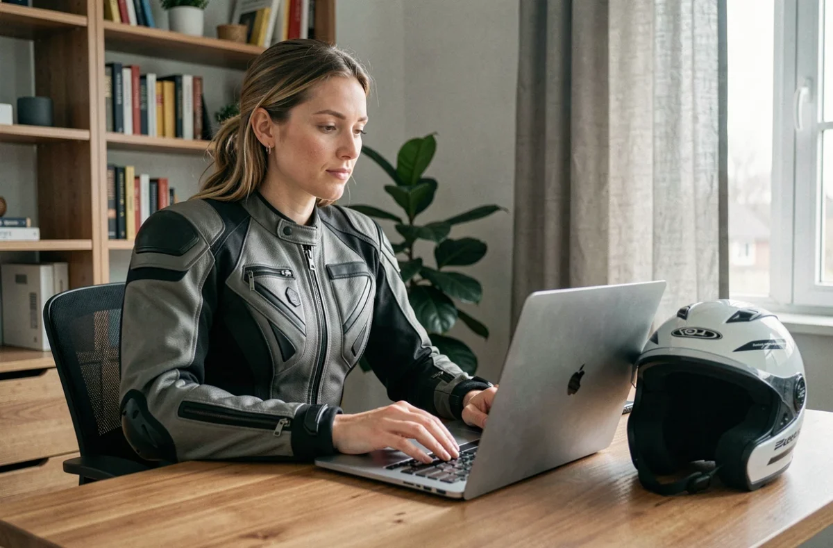Femme en combinaison moto comparant des devis d'assurance sur un ordinateur portable