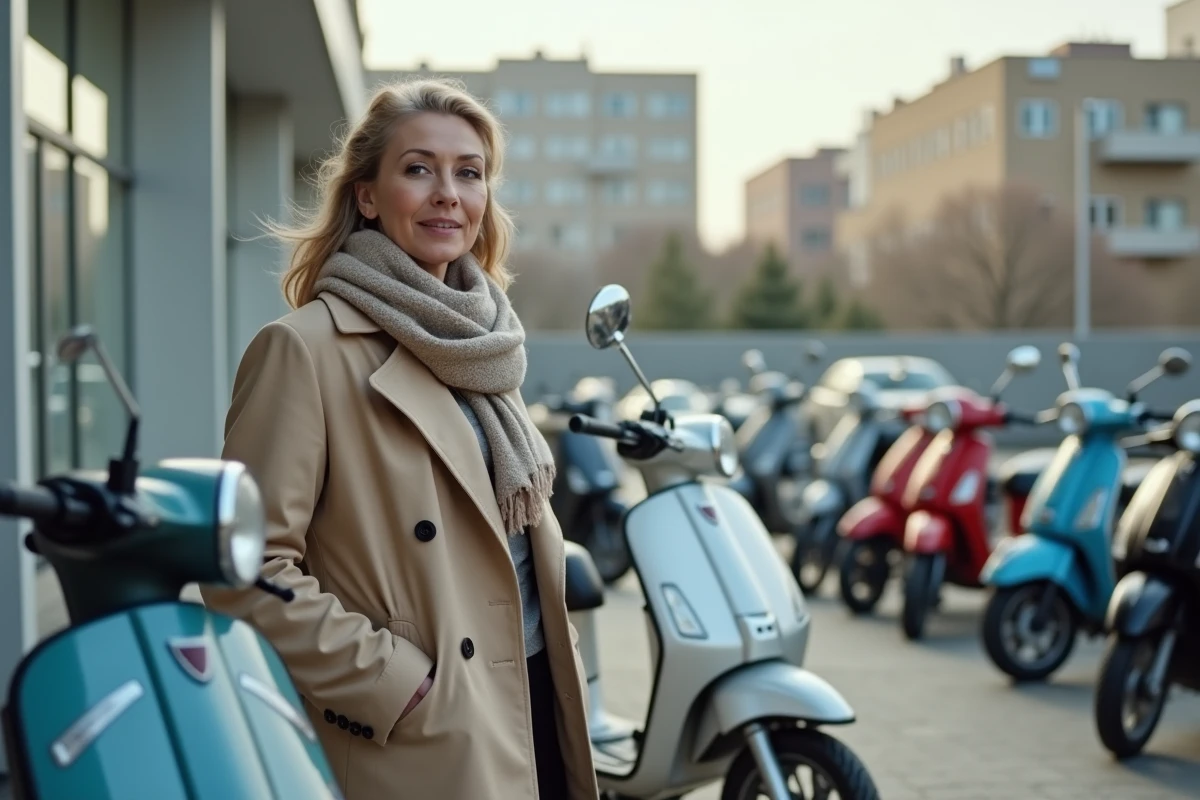 Femme compare deux scooters 50cc en extérieur