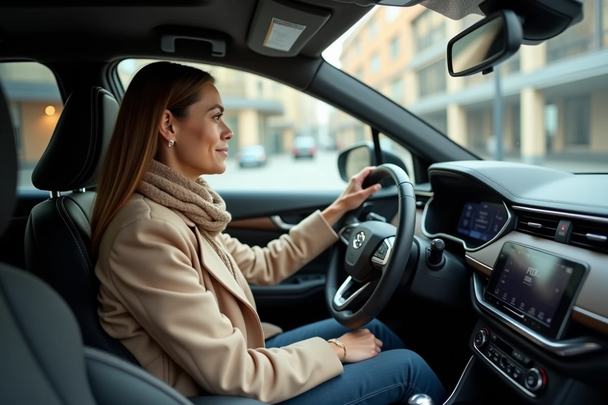 Femme dans l intérieur du SUV regardant le tableau de bord