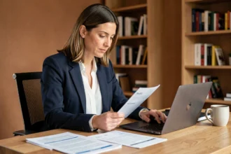 Femme consultant des documents d'assurance voiture sur un bureau avec un ordinateur portable