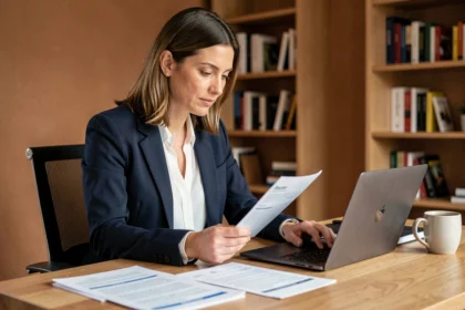 Femme consultant des documents d'assurance voiture sur un bureau avec un ordinateur portable