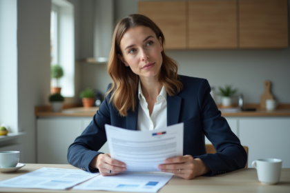 Femme examinant des documents d'assurance voiture à la maison