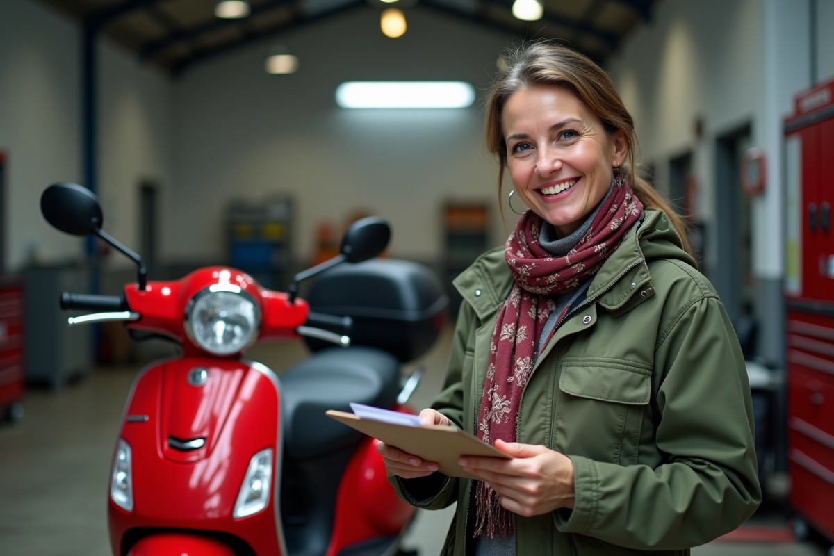 Femme souriante vérifiant une fiche de maintenance scooter rouge
