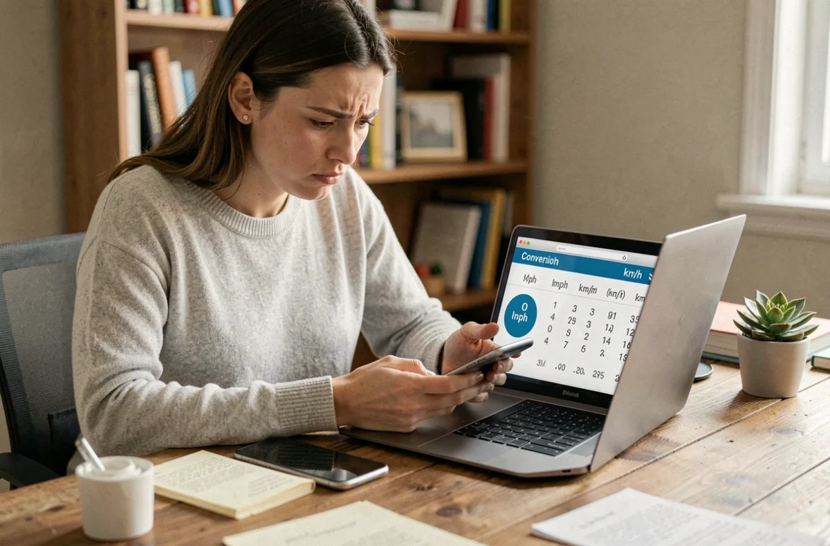 Femme consultant une conversion de miles en kilomètres par heure sur un ordinateur portable à son bureau
