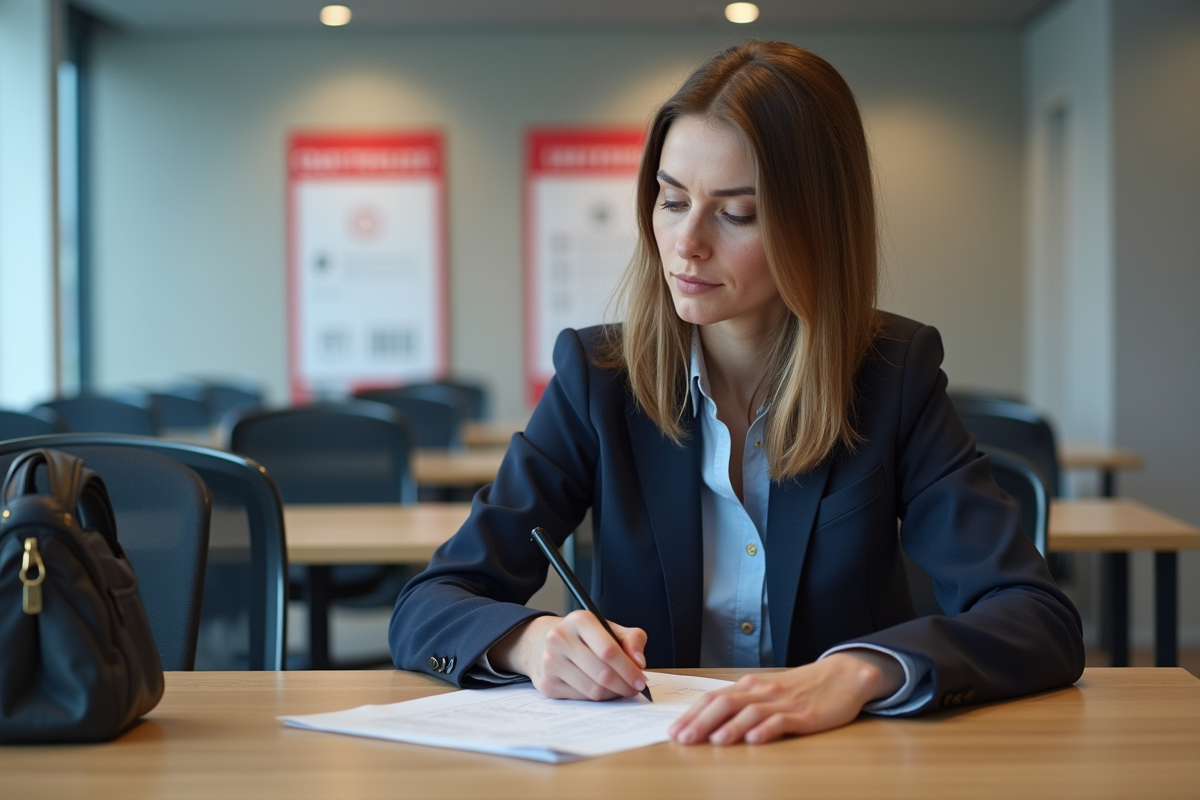 Femme remplissant papier pour permis en bureau administratif