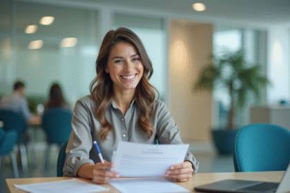 Femme souriante remplissant papier d'immatriculation voiture
