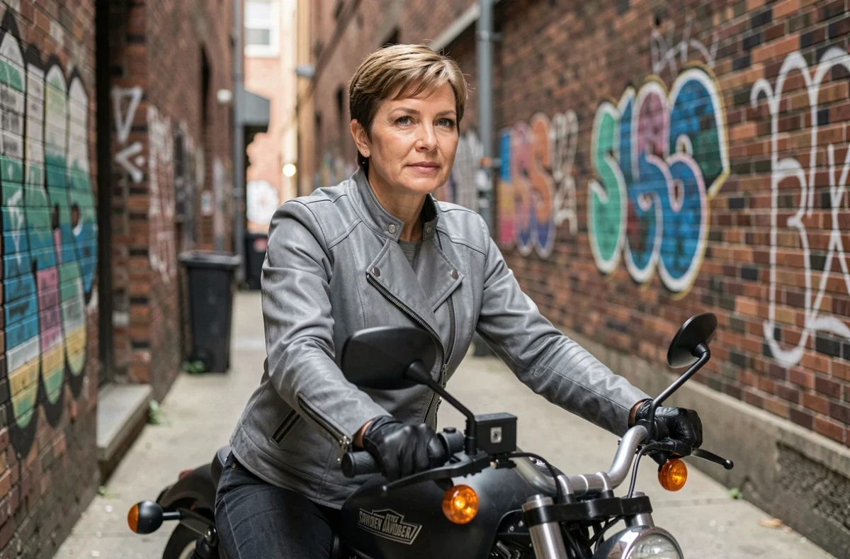 Femme motarde assise sur une Harley Davidson Sportster dans une ruelle urbaine, pour illustrer les tarifs d'assurance moto Harley Davidson