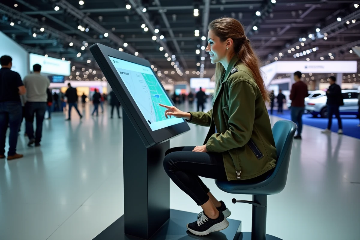 Jeune femme utilisant un kiosque interactif au salon auto