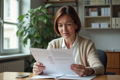 Femme moyenne âge lisant des documents administratifs français