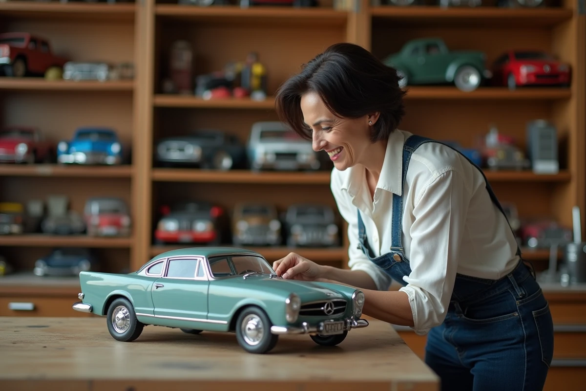 Femme inspectant un modele de voiture de Columbo dans un atelier