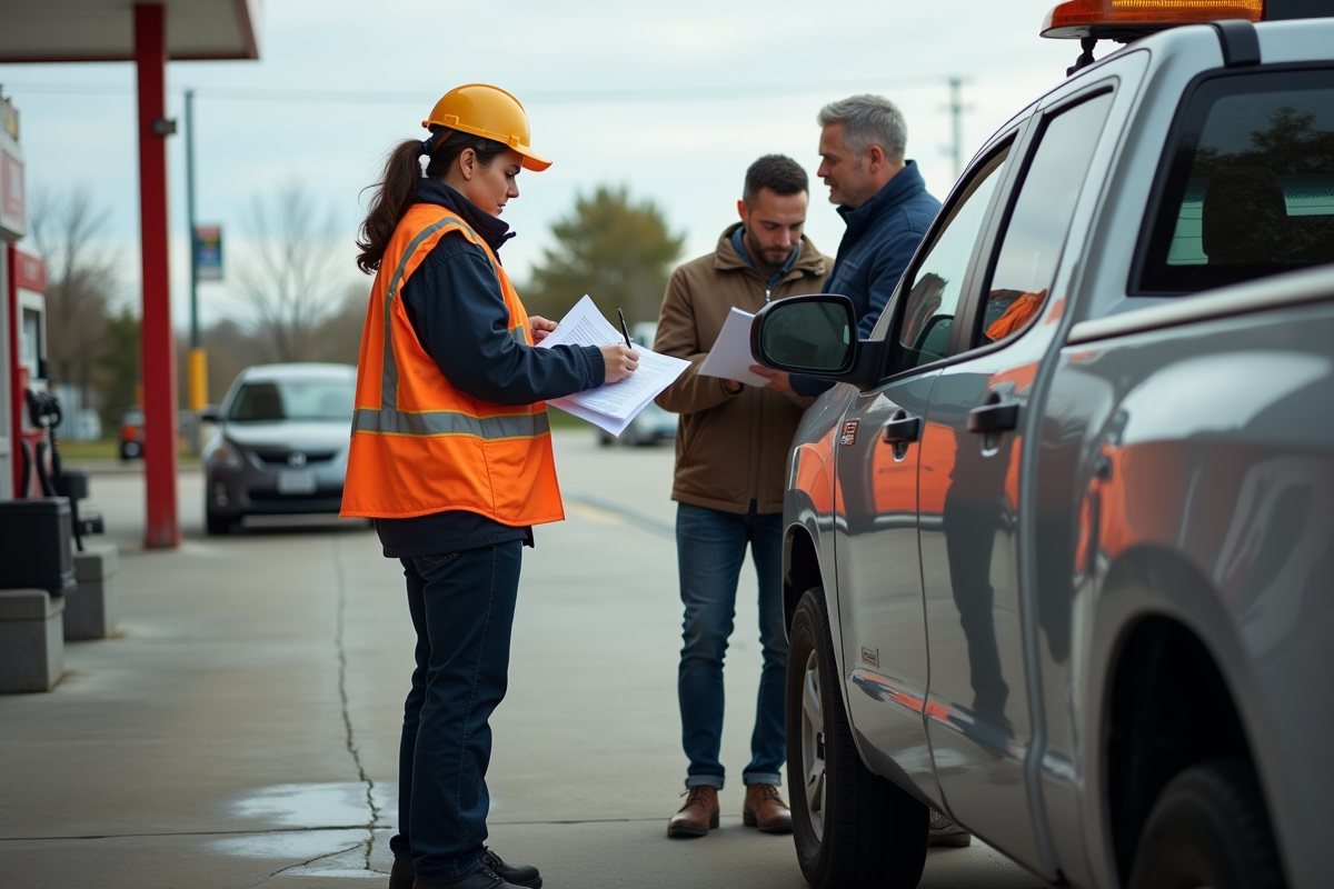Opératrice de remorqueuse vérifiant des documents au station service