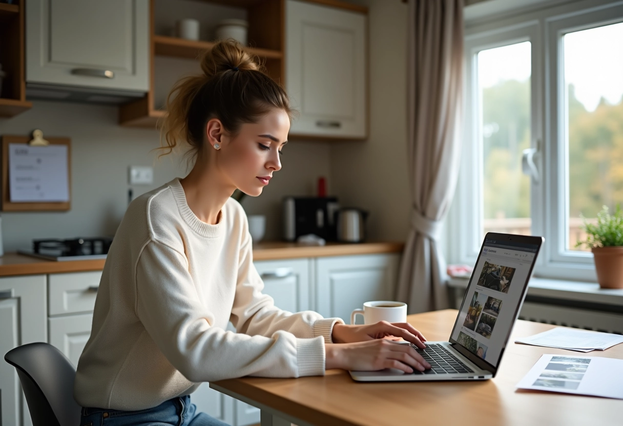 Jeune femme éditant une annonce de vente de camping-car sur son ordinateur