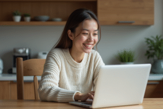 Jeune femme souriante compare devis auto sur son ordinateur