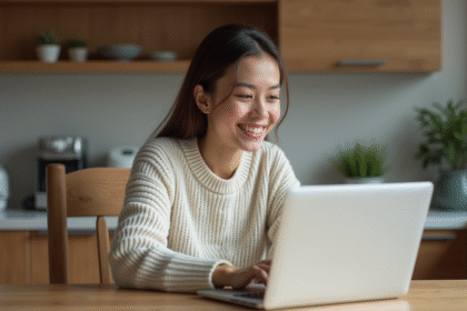 Jeune femme souriante compare devis auto sur son ordinateur