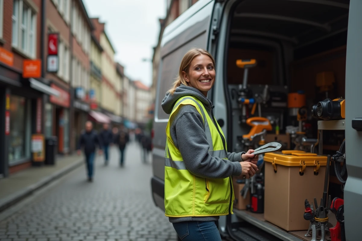 Femme artisan souriante déchargeant ses outils d