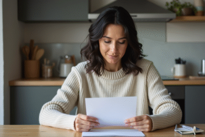 Femme tenant une carte grise dans une cuisine moderne