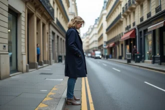 Femme en trench et jeans sur un trottoir parisien