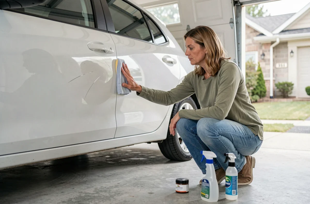 Femme en train de polir une rayure sur une voiture blanche avec un chiffon microfibre dans un garage