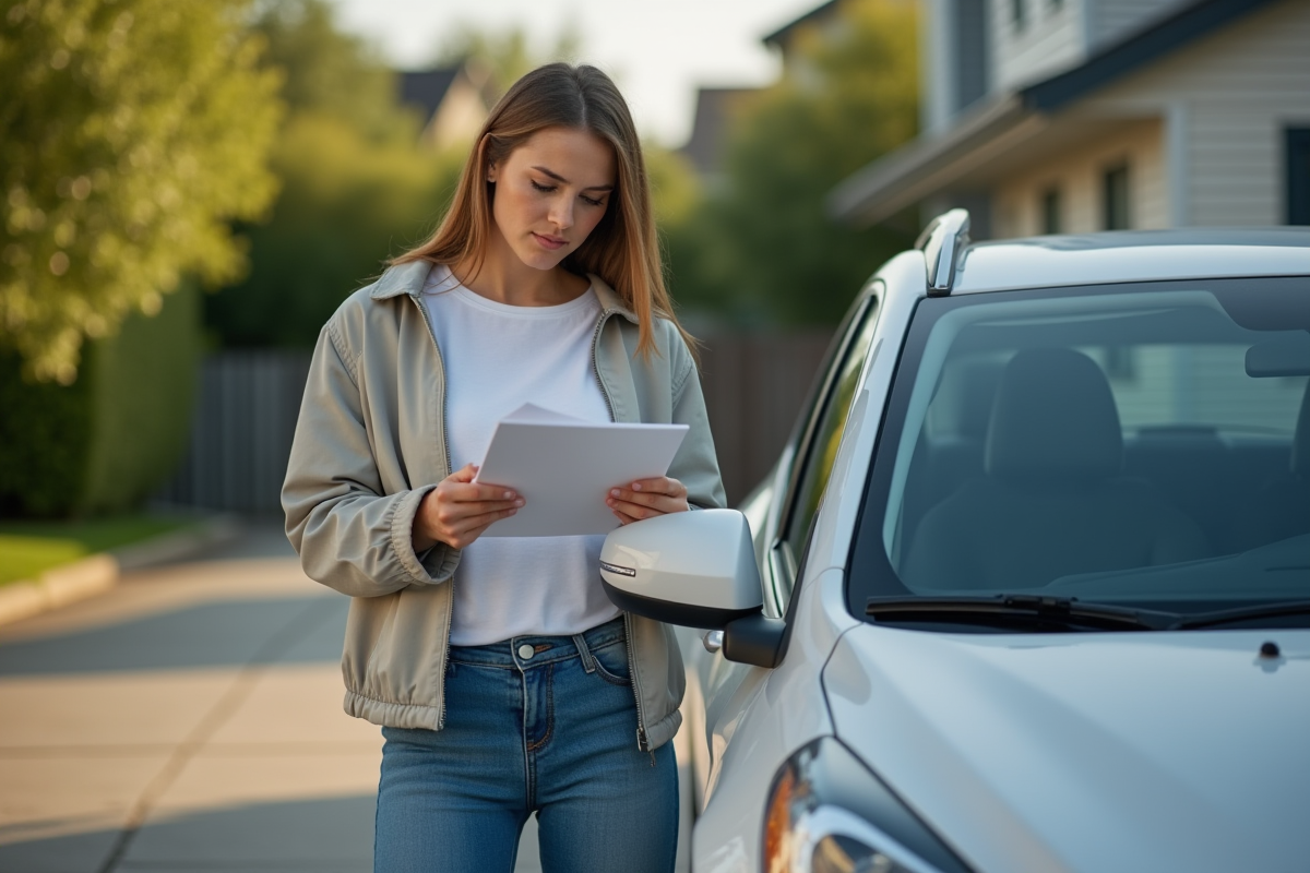 Jeune femme lit le manuel de sa voiture dans la cour