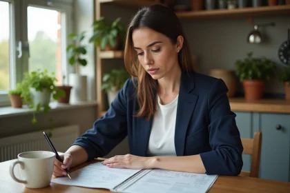 Femme adulte révisant le code de la route à la maison avant de repasser l'examen après plusieurs années
