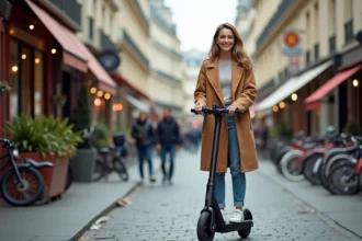 Femme souriante déverrouillant un scooter électrique dans Paris