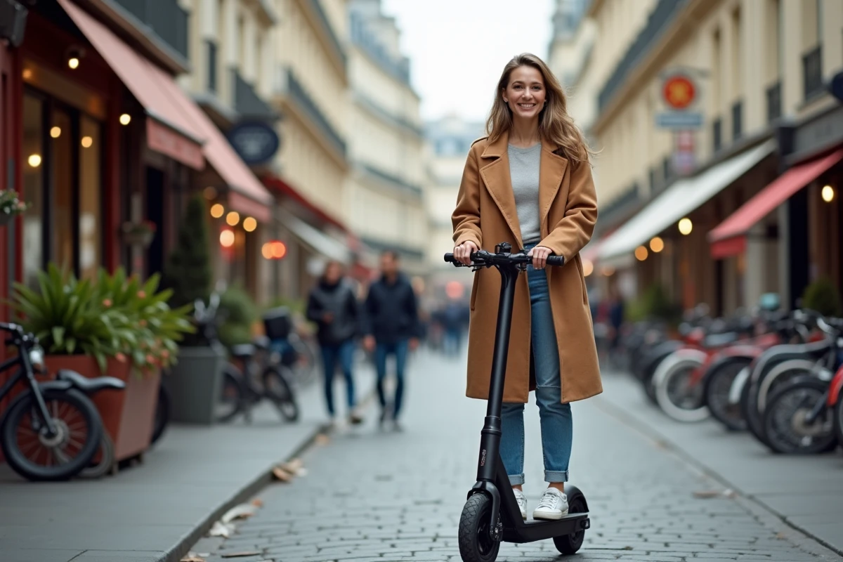 Femme souriante déverrouillant un scooter électrique dans Paris