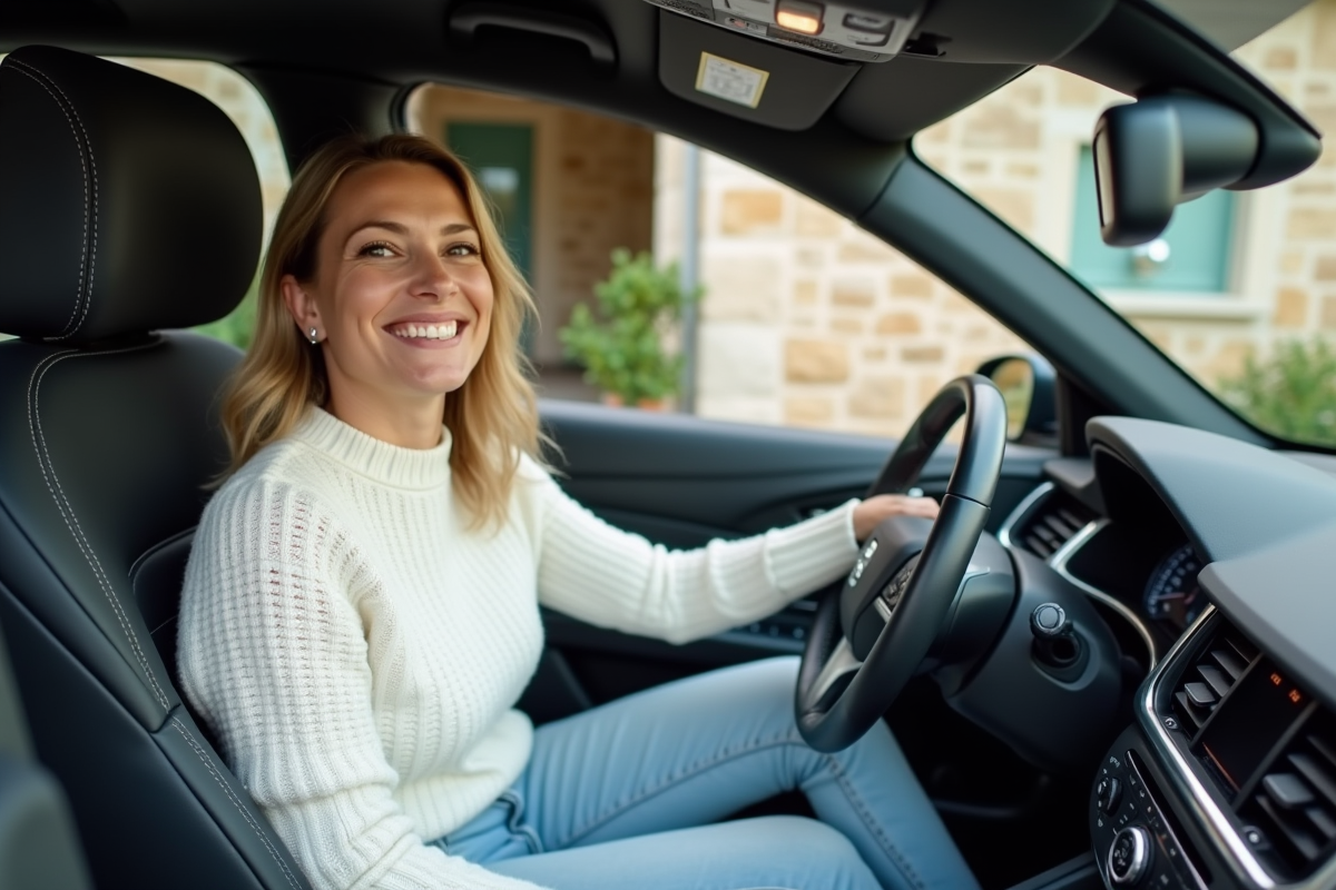 Femme souriante dans une voiture devant une maison française