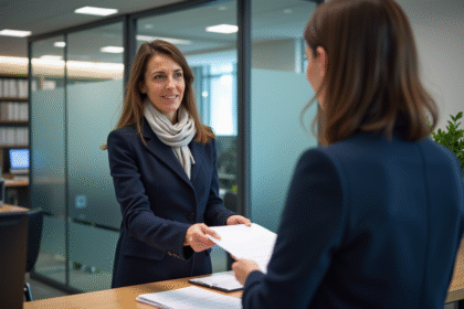Femme déposant des documents dans une administration française