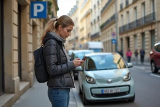 Femme avec smartphone près d'une voiture à Paris