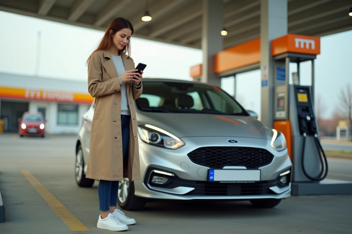 Femme cherchant sur son smartphone une station de gonflage de pneu autour d'elle dans une station-service