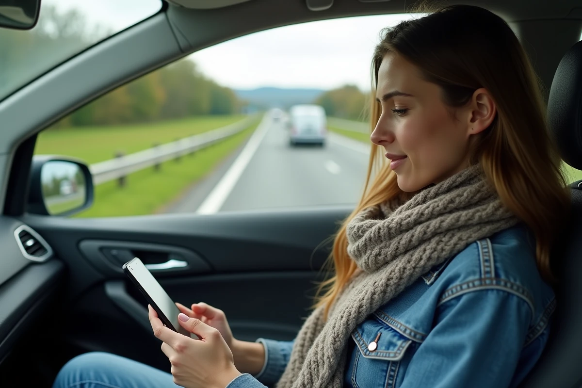 Jeune femme utilisant GPS dans une voiture moderne en France