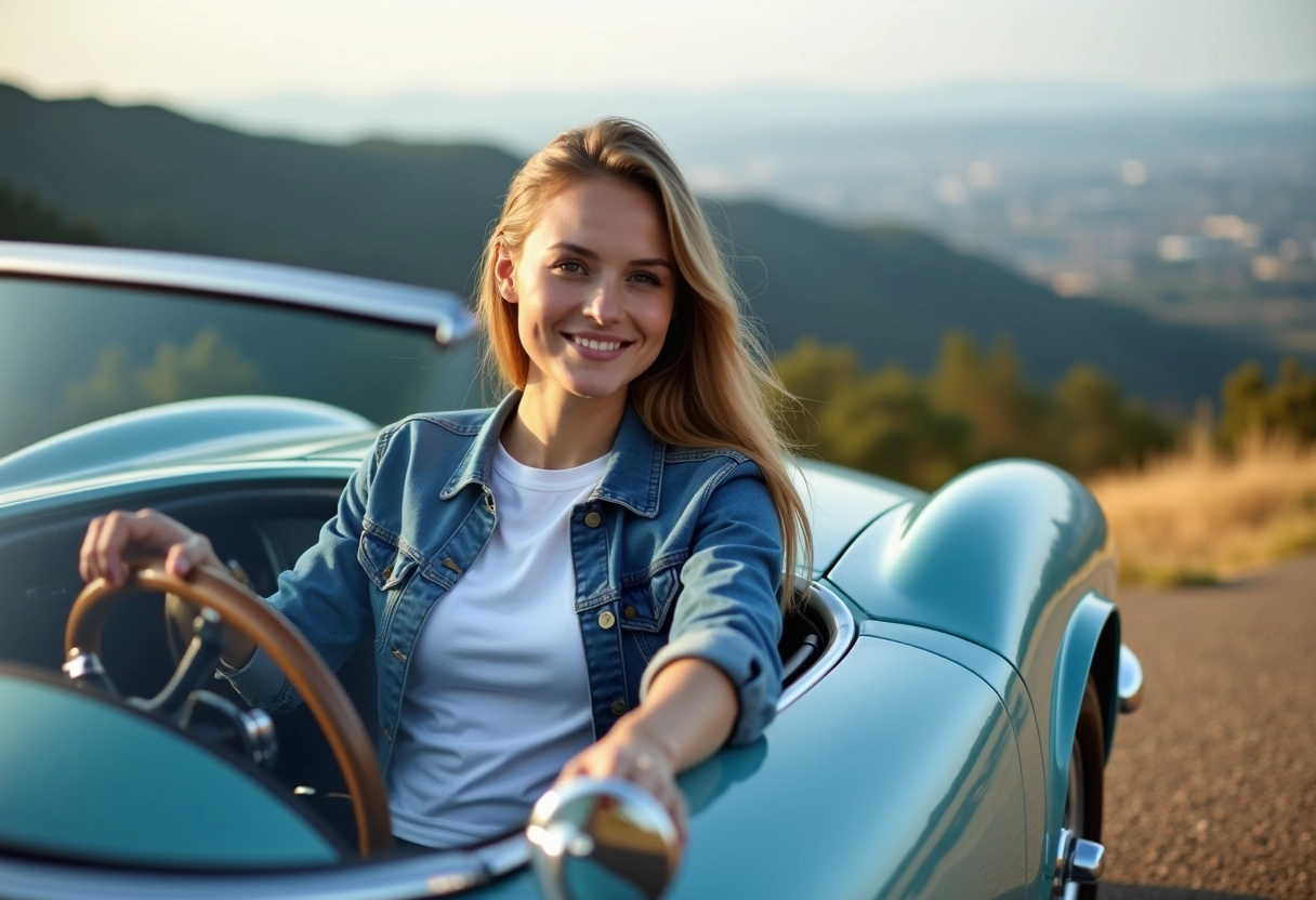 Jeune femme souriante au volant d une voiture de sport