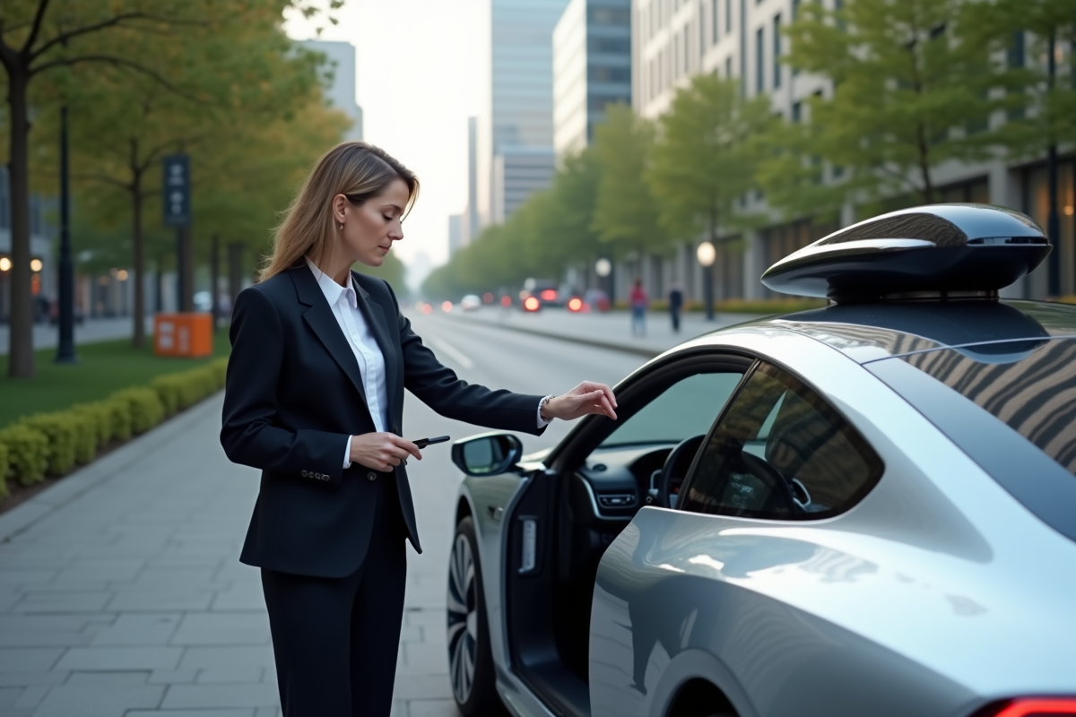 Femme d'affaires activant une voiture autonome futuriste