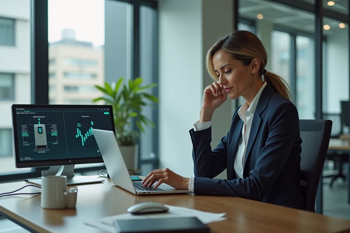 Femme analyse des statistiques de recharge électrique au bureau
