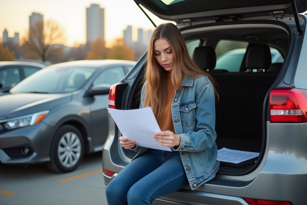 Jeune femme examinant des papiers de voiture sur une queue de voiture