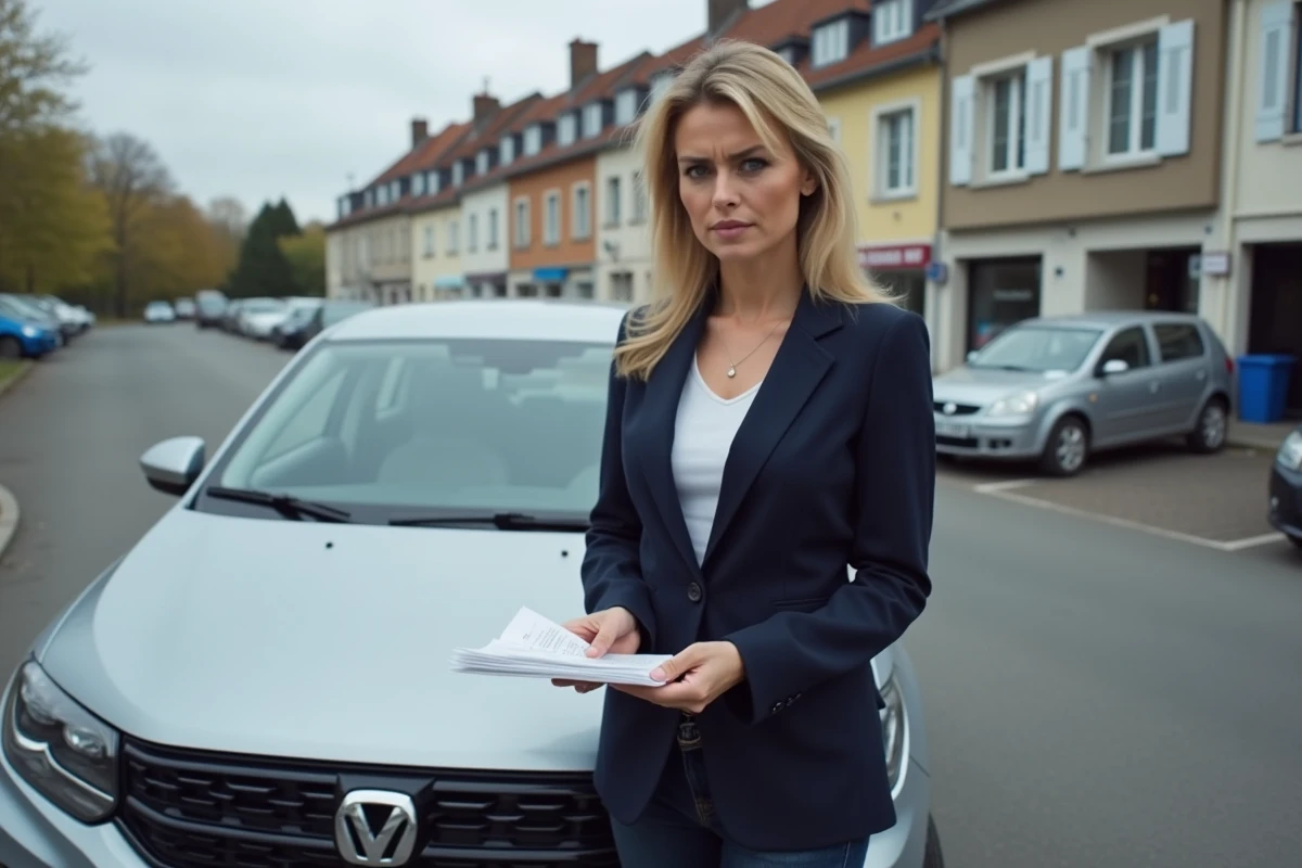 Femme vérifiant une liste d'erreurs courantes liées au code 79 du permis de conduire près de sa voiture