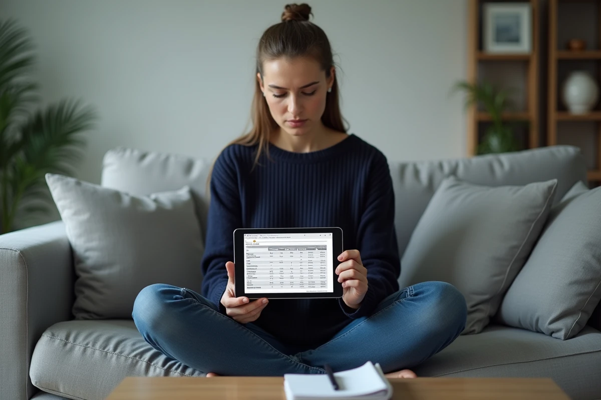 Femme analysant des fiches techniques Wikipedia sur une tablette pour vérifier les informations sur la Peugeot 208