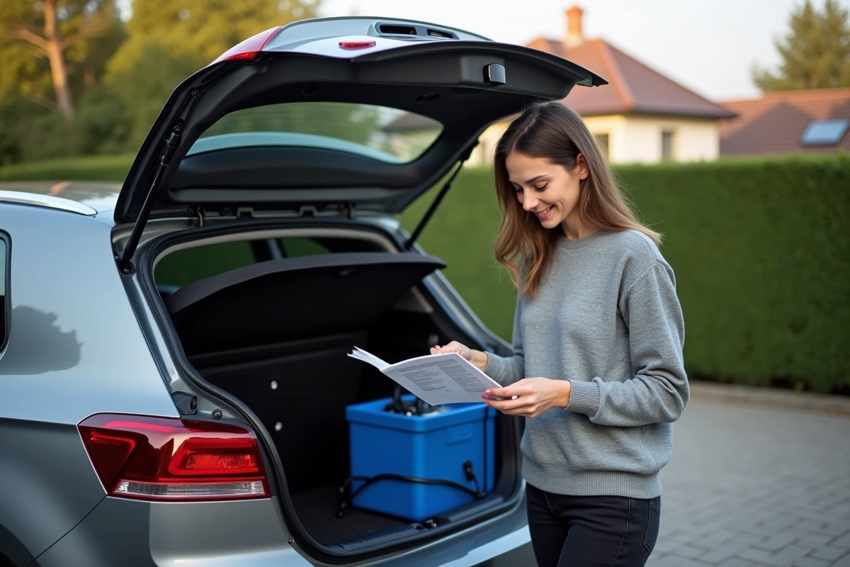 Femme vérifiant un filtre à air performance dans le coffre d