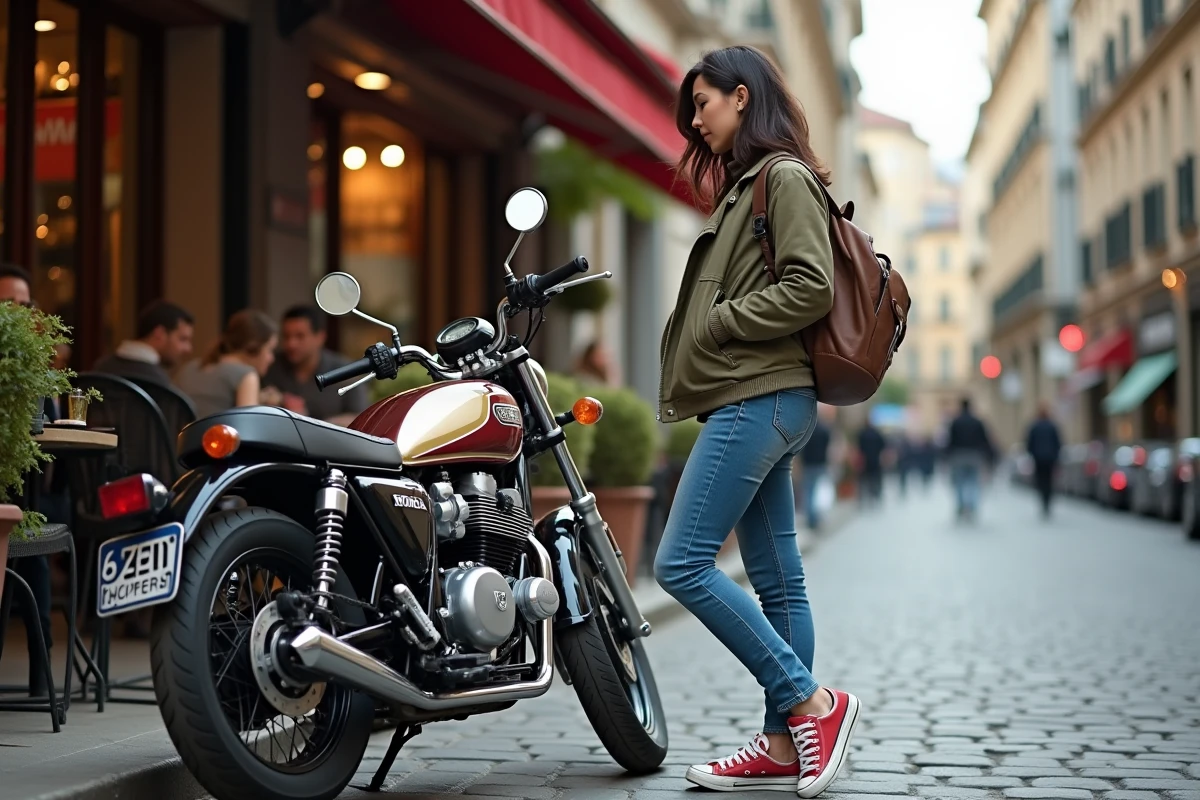 Femme inspectant une Honda cb750s devant un café en ville
