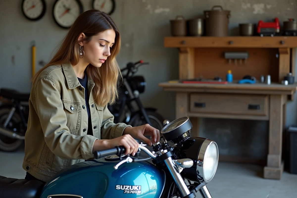 Jeune femme inspectant le guidon de la Suzuki 750 GT