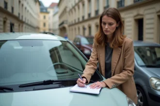 Femme en extérieur remplissant un constat d accident près de sa voiture