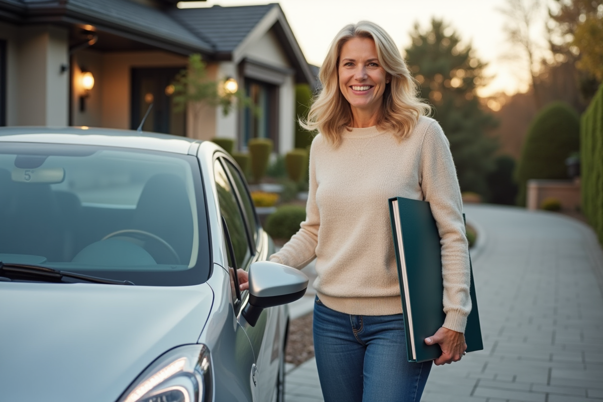 Femme souriante avec voiture dans une allée résidentielle