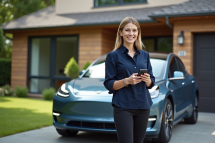 Femme souriante avec voiture électrique dans la cour