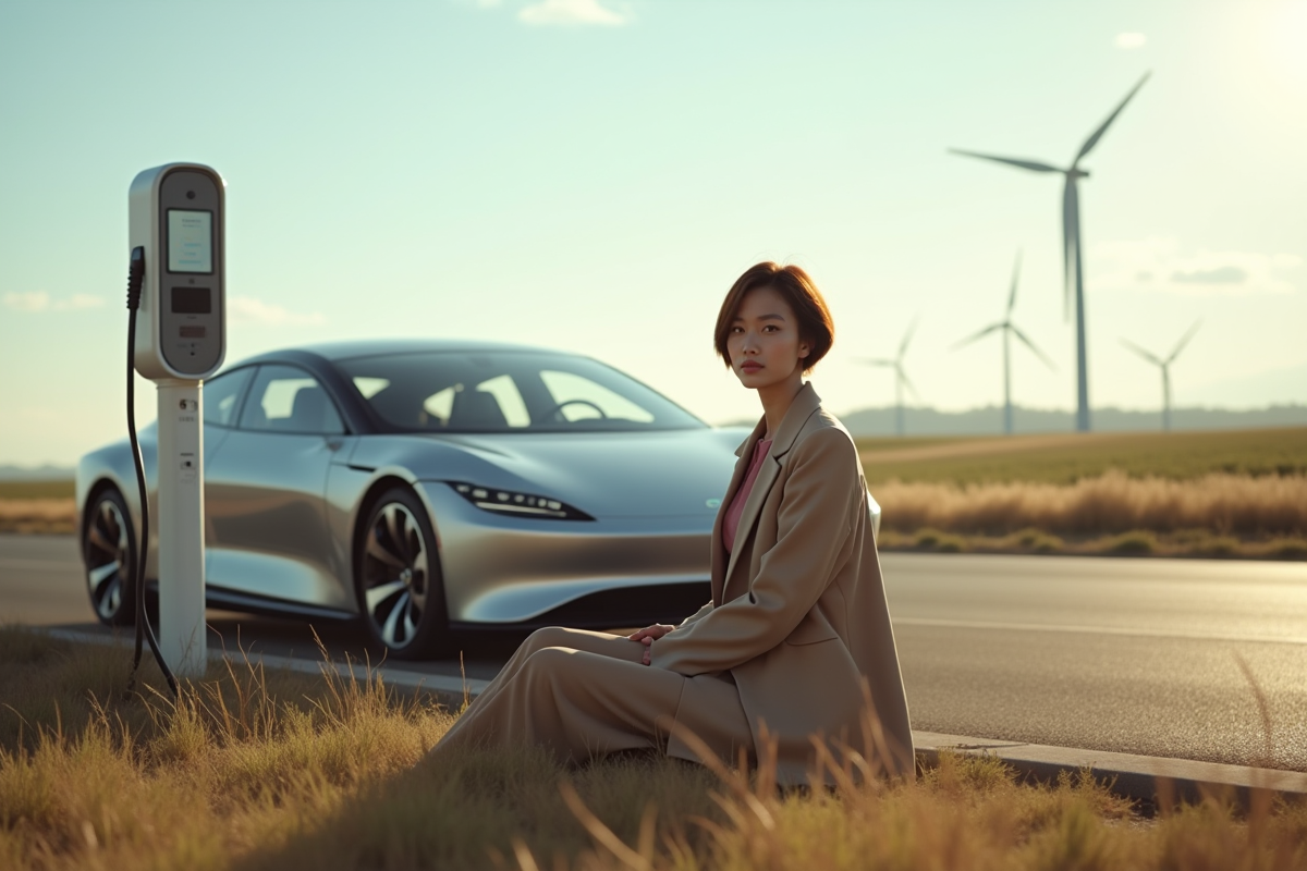 Jeune femme au station de recharge avec voiture hydrogene